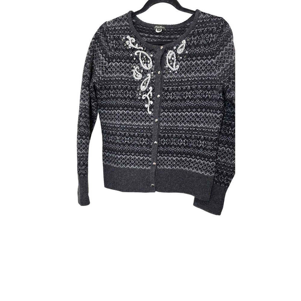 Eddie Baur Women's Gray Fair Isle Grunge Cardigan Sweater 80% Lamb Wool Size M/p